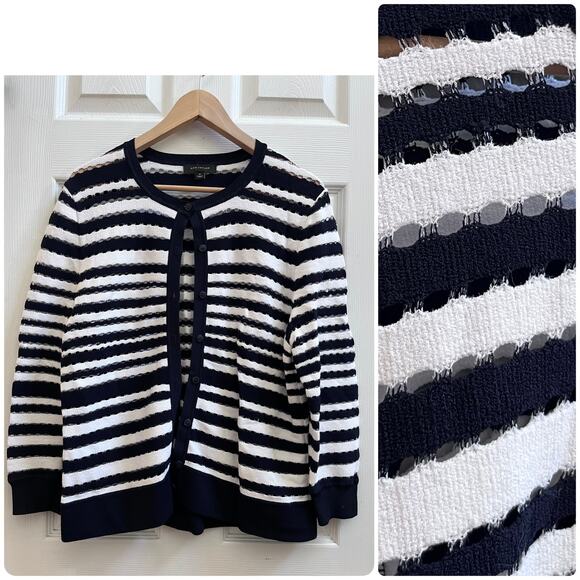 Ann Taylor Blue White Viscose Blend Eyelet Cardigan Size XL Office Nautical - Picture 1 of 11